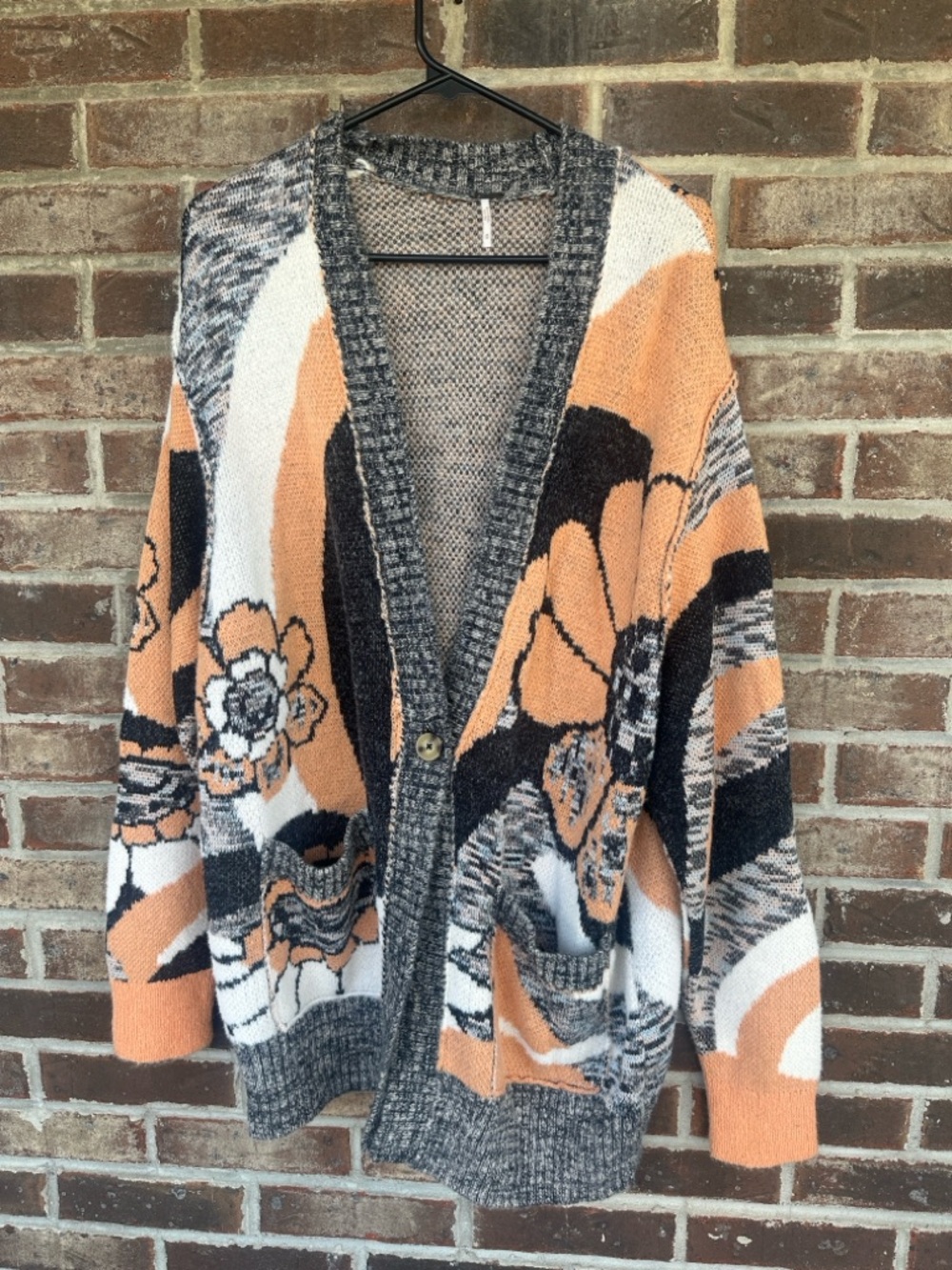 FREE PEOPLE Open-Front Floral Knit Cardigan Sweater - Peach/Gray/White